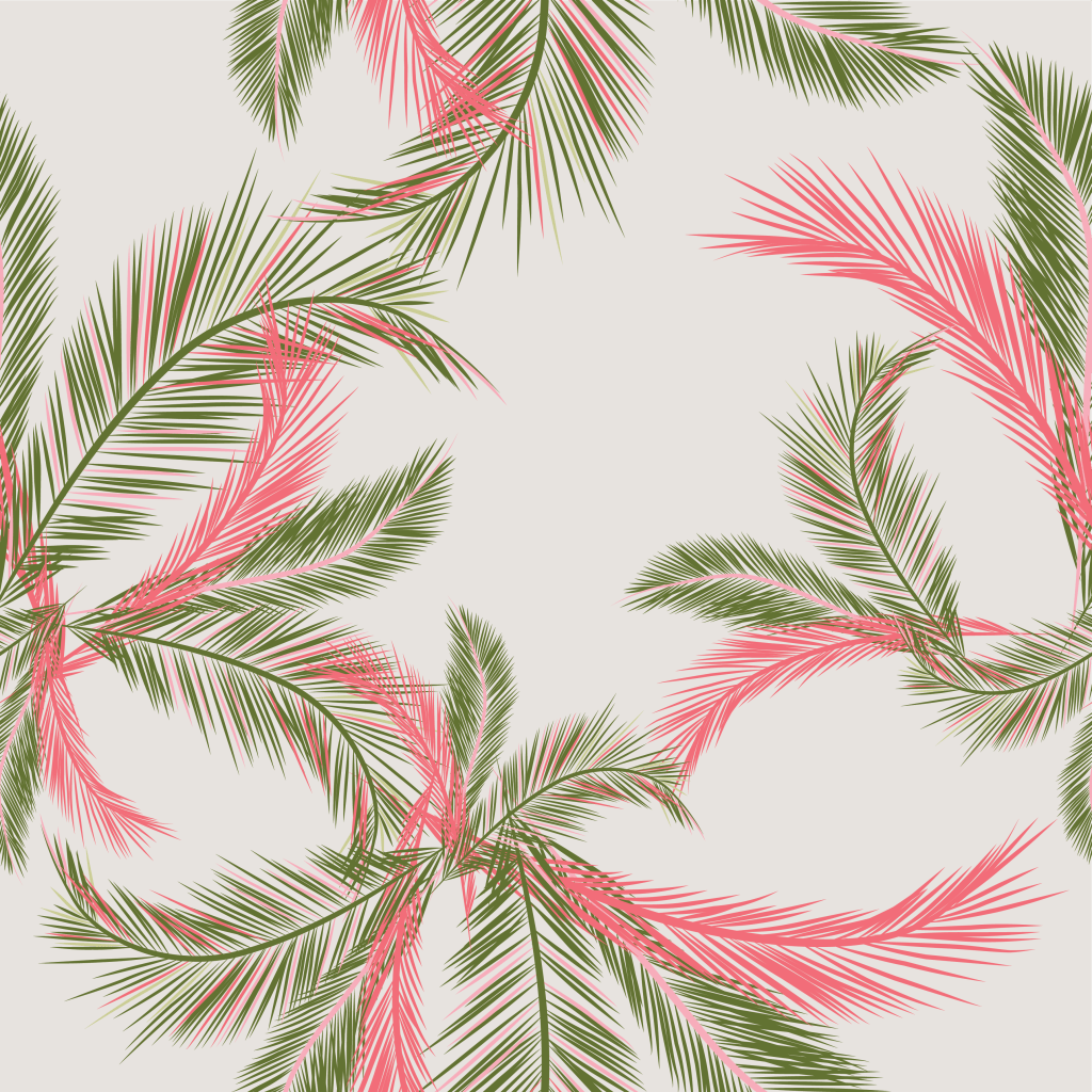 Coral and green palm fronds on beige background